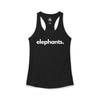 ELEPHANTS, PERIOD. Women's Lightweight Racerback Tank in Solid Black — tank top that gives back to wildlife rescues