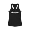 CHICKENS, PERIOD. Women's Lightweight Racerback Tank in Solid Black — tank top that gives back to farm animal rescues
