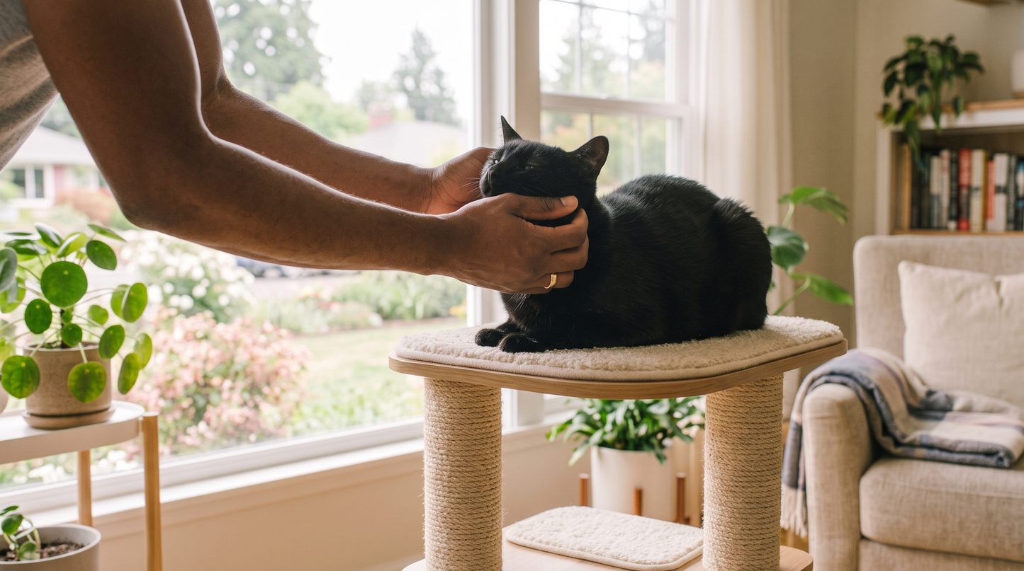 Black cat sitting by a window, debunking black cat adoption myths