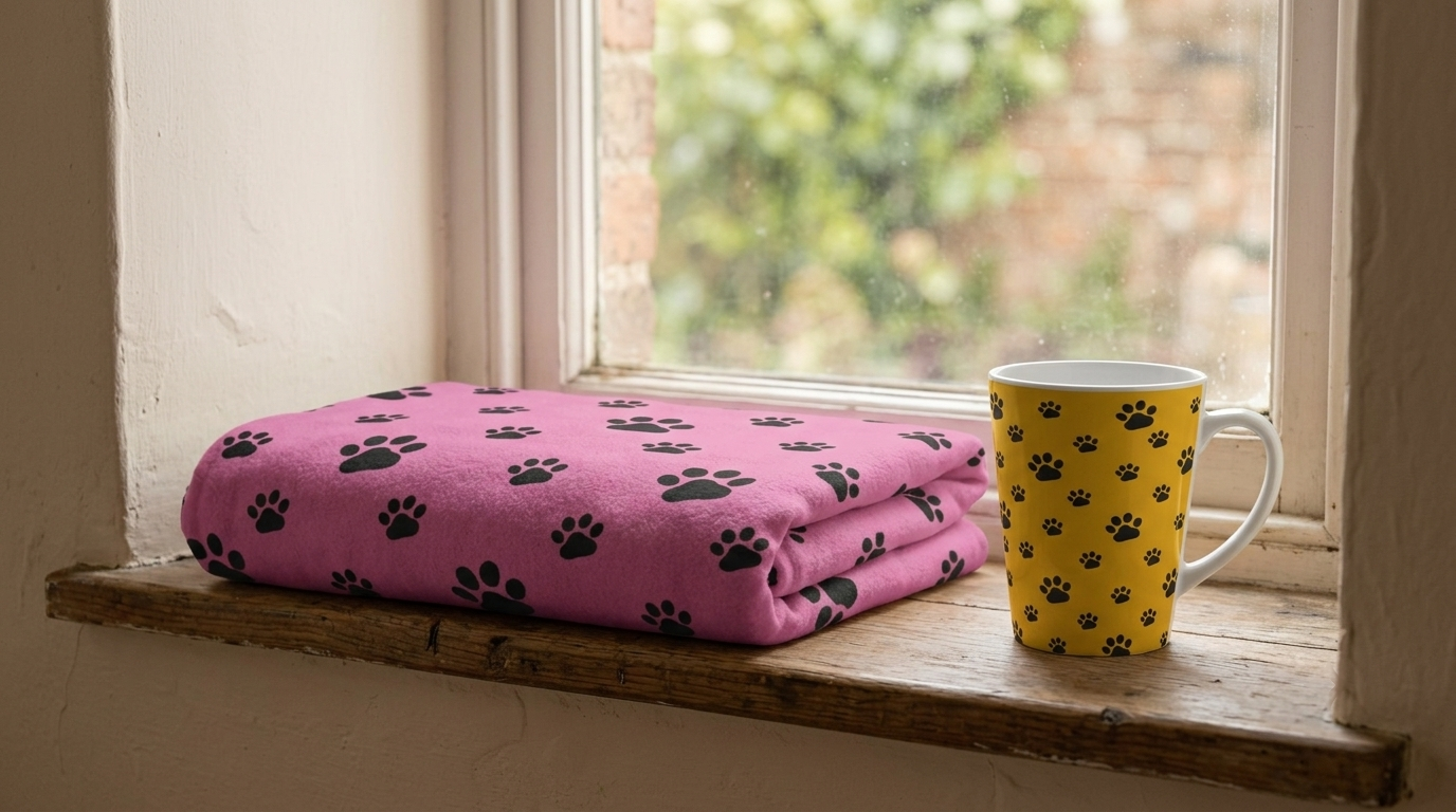 Cozy blanket and mug by a window, a sympathy gift idea for pet loss