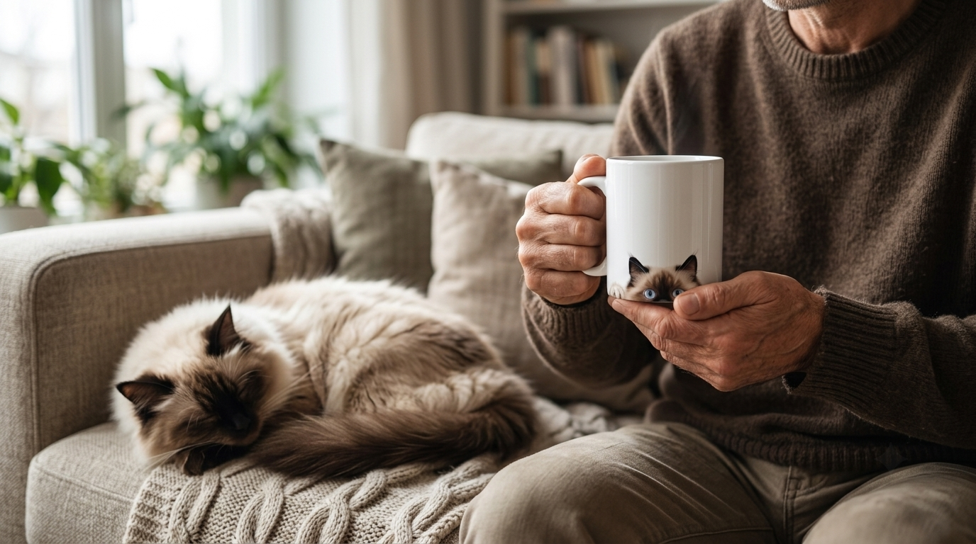 Cat dad holding a mug with his cat, gift ideas that give back to rescues