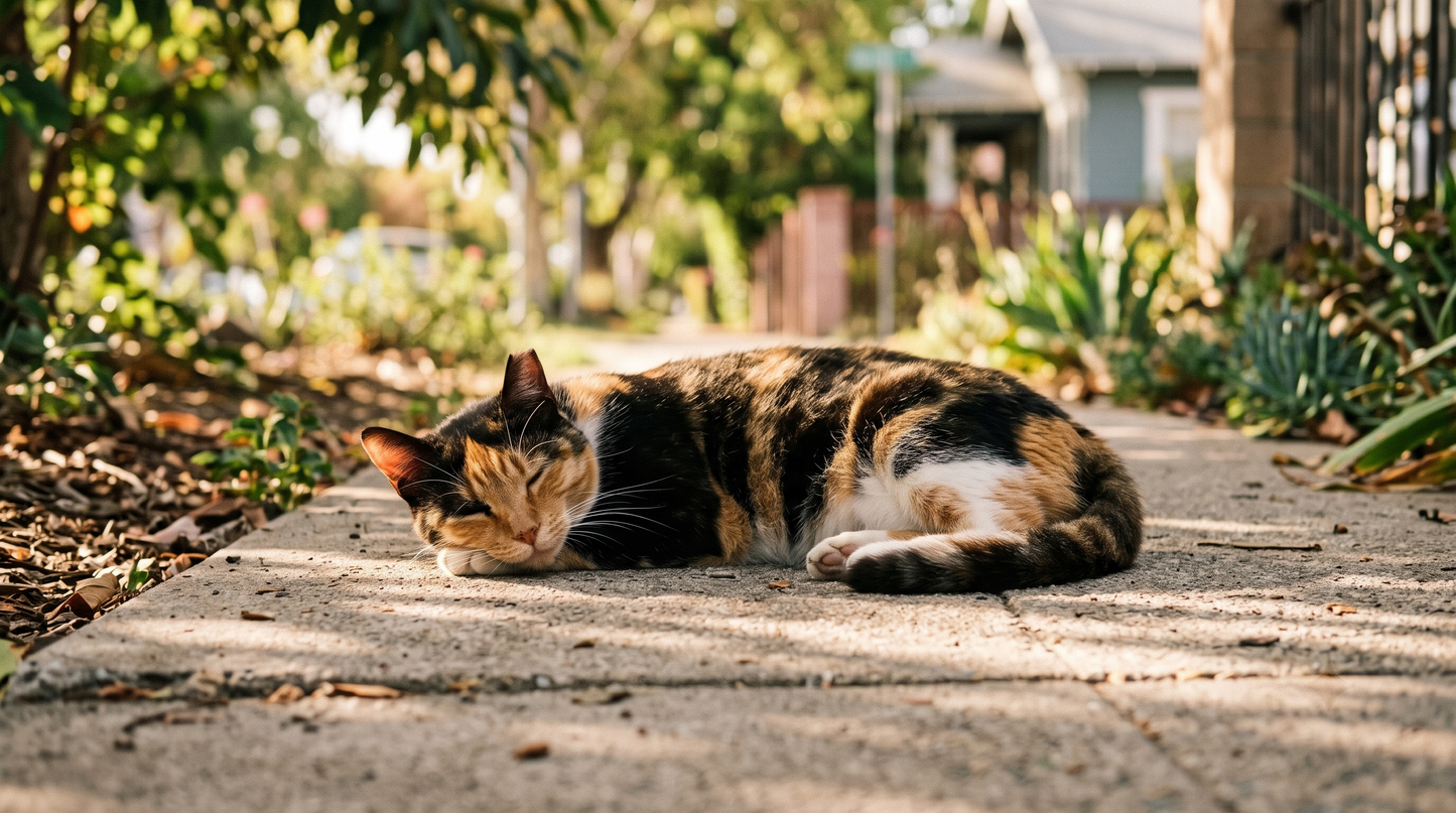Ear-tipped community calico cat resting on a sidewalk after TNR