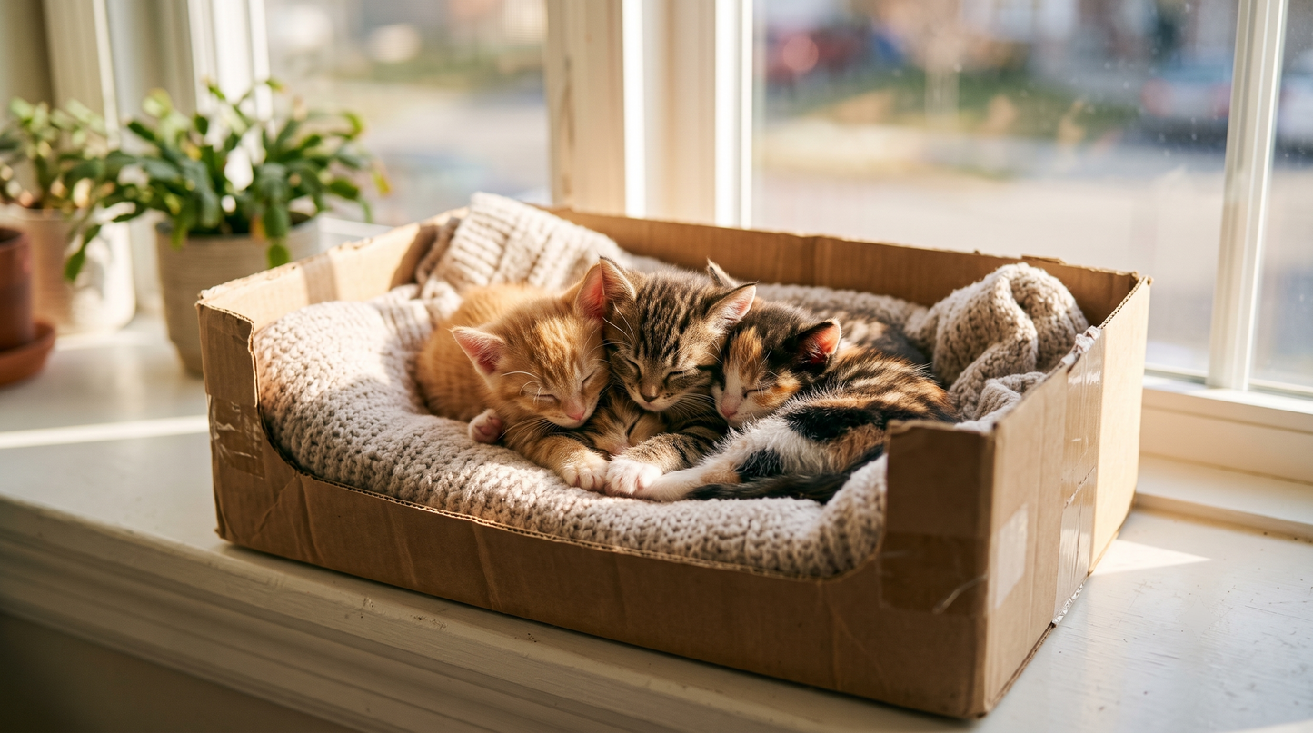 Kittens in a cardboard box on a window sill during kitten season