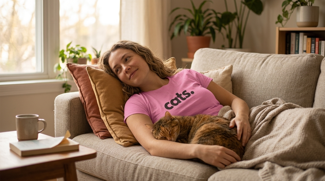 Woman relaxing on the couch with her cat, surrounded by cat mom gift ideas