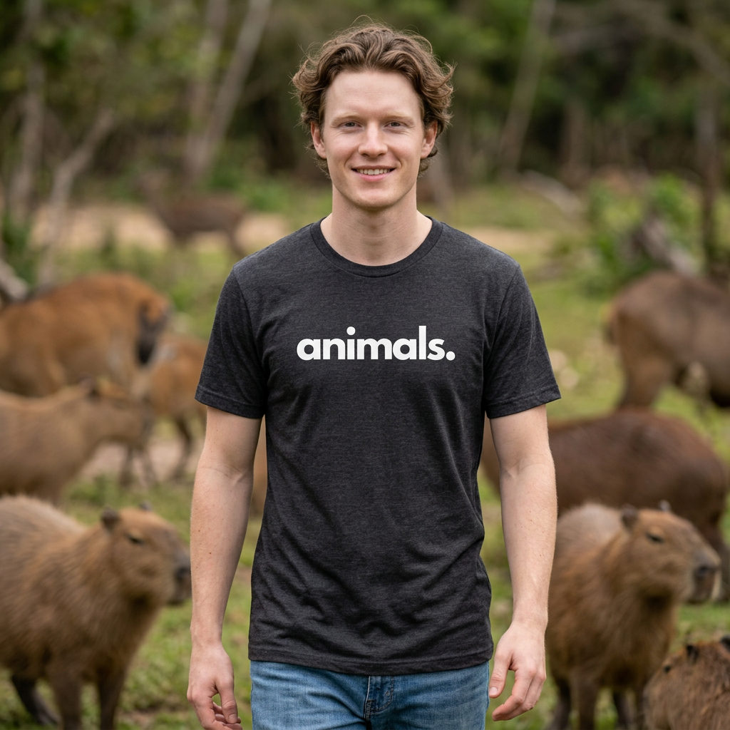 Model wearing ANIMALS, PERIOD unisex tee from All The Fauna