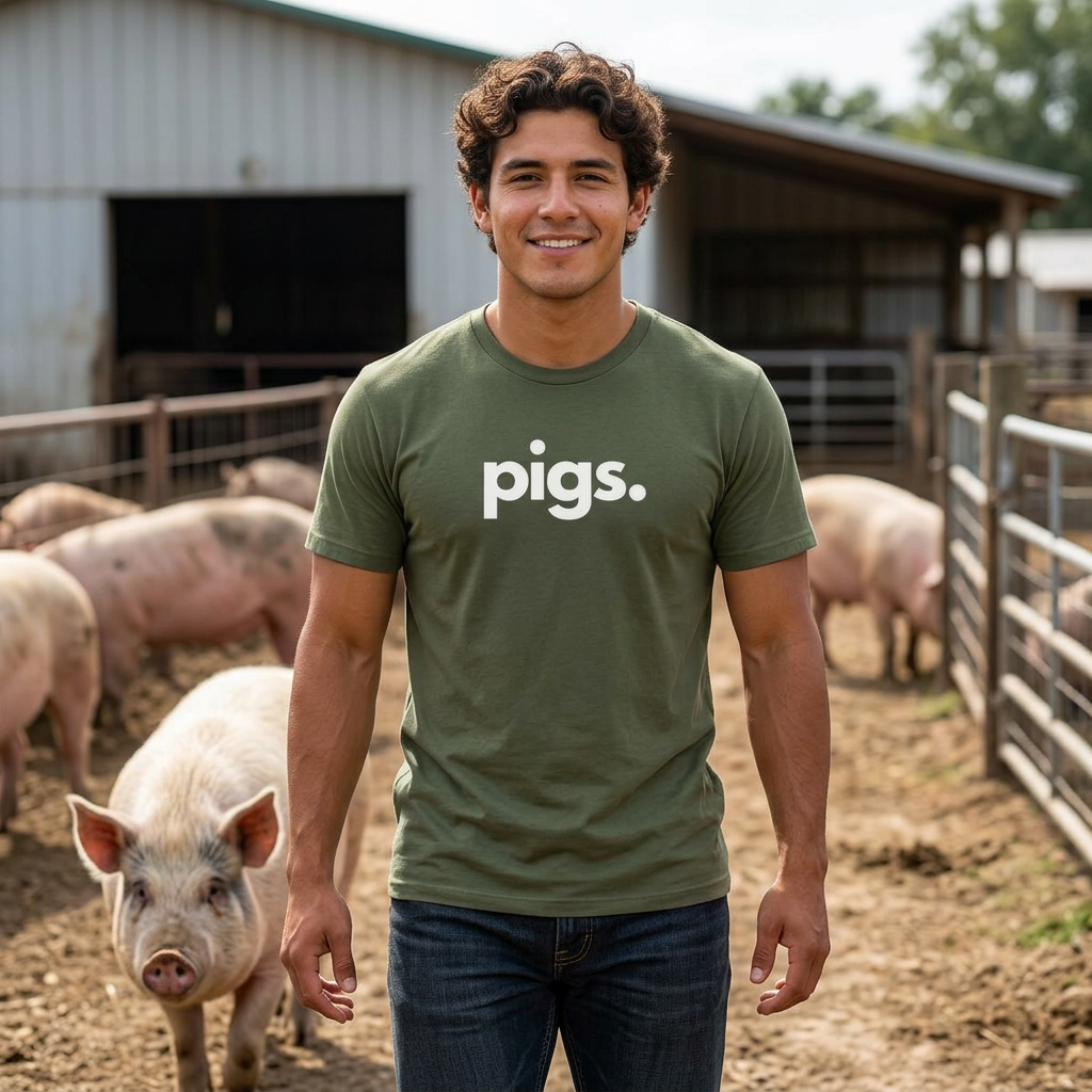 Model wearing PIGS, PERIOD unisex tee from All The Fauna