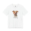 A white short-sleeve crewneck t-shirt featuring a watercolor graphic of a pitbull-type dog with a flower crown and the text 'I feel pitty' printed below it.
