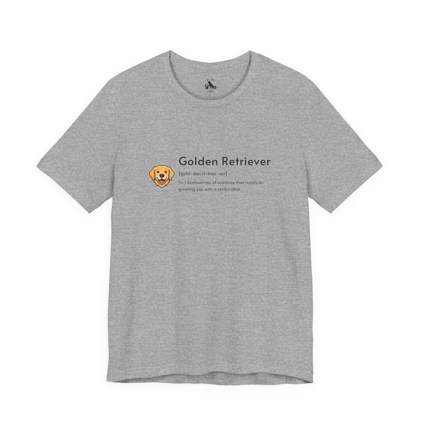 A heather gray short-sleeve crewneck t-shirt featuring a 'Golden Retriever' graphic on the chest with a small golden retriever dog icon and a humorous definition.