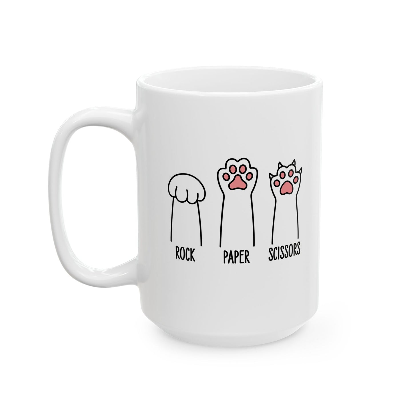 A white ceramic mug with a printed graphic of three paw prints labeled 'ROCK', 'PAPER', and 'SCISSORS' in black with a red paw pad accent, on a clean white background.