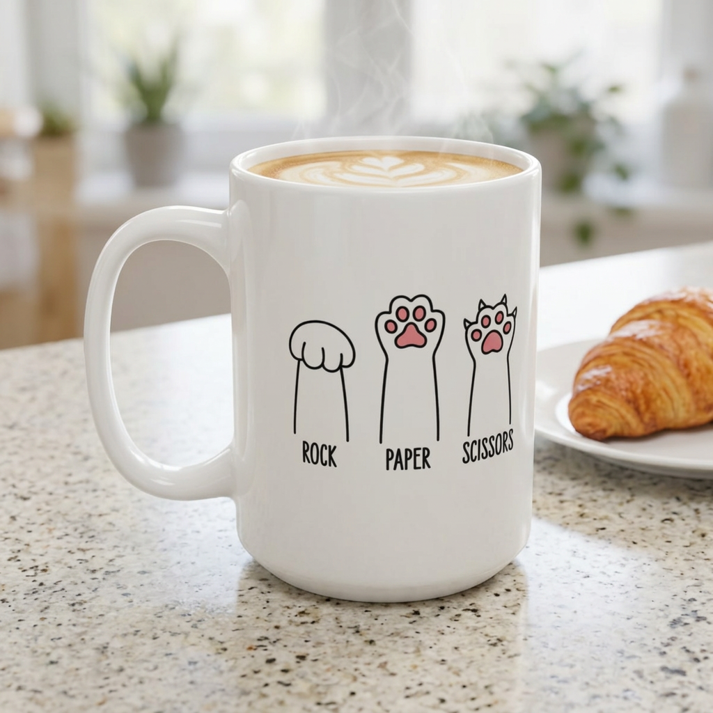 A white ceramic coffee mug with a handle, filled with a latte, sitting on a speckled countertop. The mug features a graphic of three claw marks labeled 'ROCK', 'PAPER', and 'SCISSORS' in black text with pink paw pad accents.