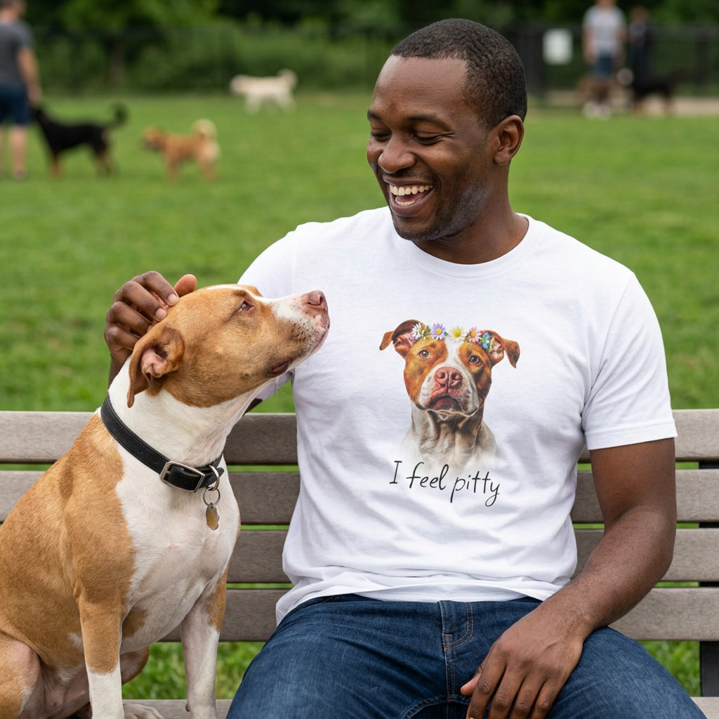 A man sitting on a park bench smiling with a dog, wearing a white graphic t-shirt with a pitbull illustration and the text 'I feel pitty'.