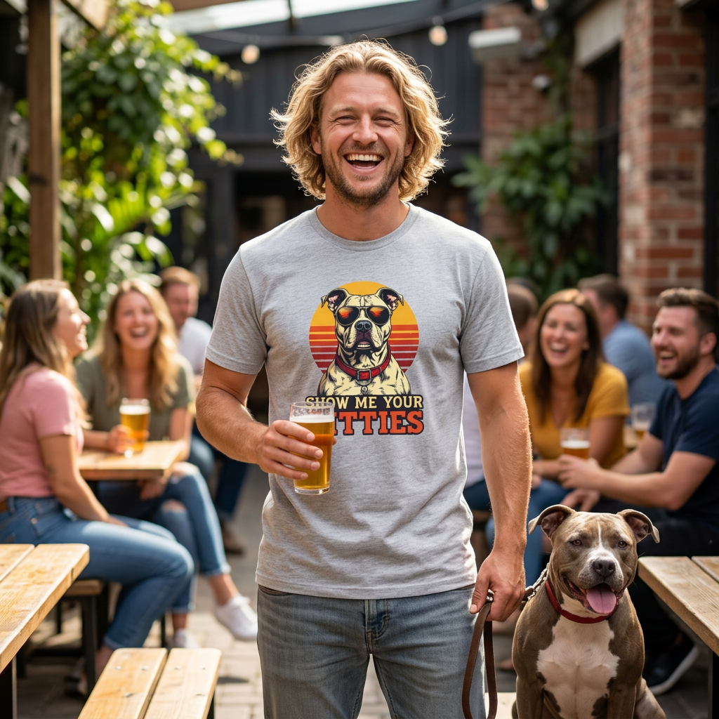 A man standing in an outdoor bar setting wearing a light gray t-shirt with a retro graphic of a bulldog and the text 'SHOW ME YOUR PITTIES'. He is holding a glass of beer and has a pitbull-type dog on a leash next to him, with other people and wooden tables blurred in the background.