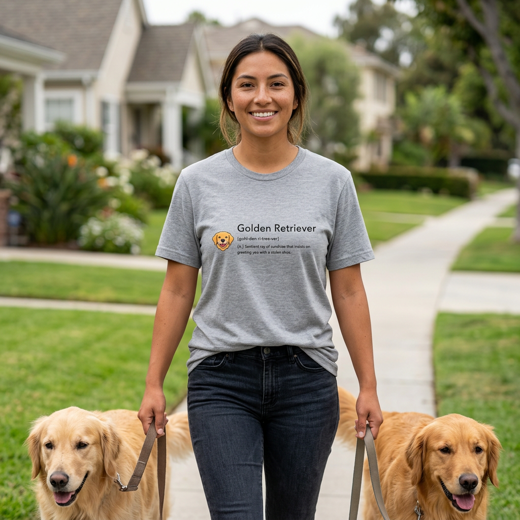 A woman stands on a suburban sidewalk holding two Golden Retriever dogs on leashes, wearing a light gray t-shirt with a printed graphic that reads 'Golden Retriever' and a small dog illustration.