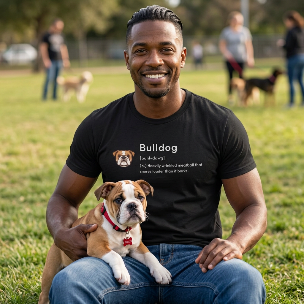 A smiling man sitting on grass in a park holds a bulldog while wearing a black graphic T-shirt with a bulldog illustration and the word 'Bulldog' printed on the chest. The background shows a blurred outdoor park scene with people and dogs.