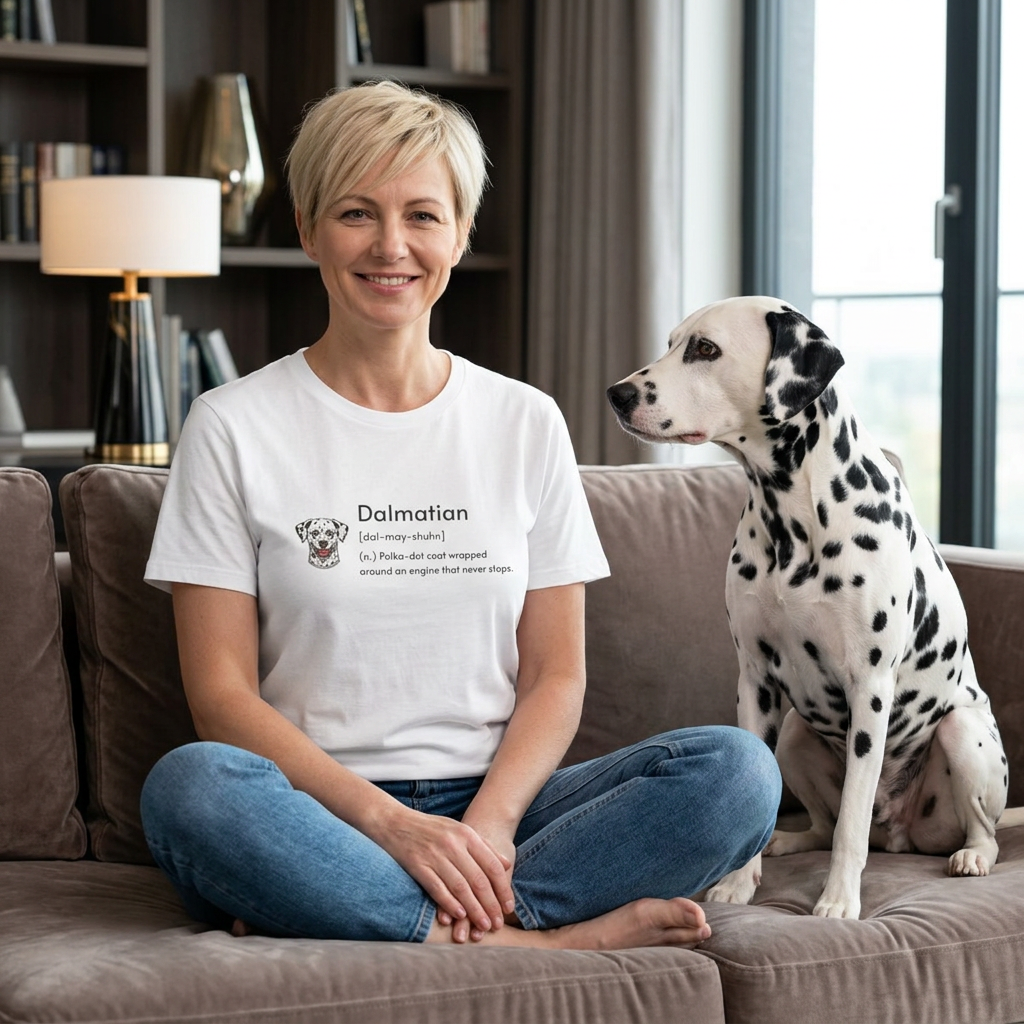 A woman sitting cross-legged on a brown couch next to a Dalmatian dog, wearing a white graphic T-shirt with a Dalmatian illustration and the text 'Dalmatian' and a humorous quote.