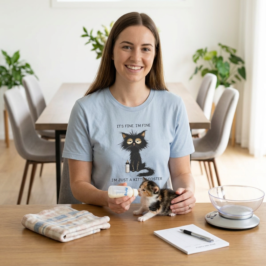 A woman wearing a light blue graphic t-shirt sits at a wooden table holding a small kitten. The t-shirt features a black cat illustration with the text 'IT'S FINE, I'M FINE' and 'I'M JUST A KITTY MOTHER'.