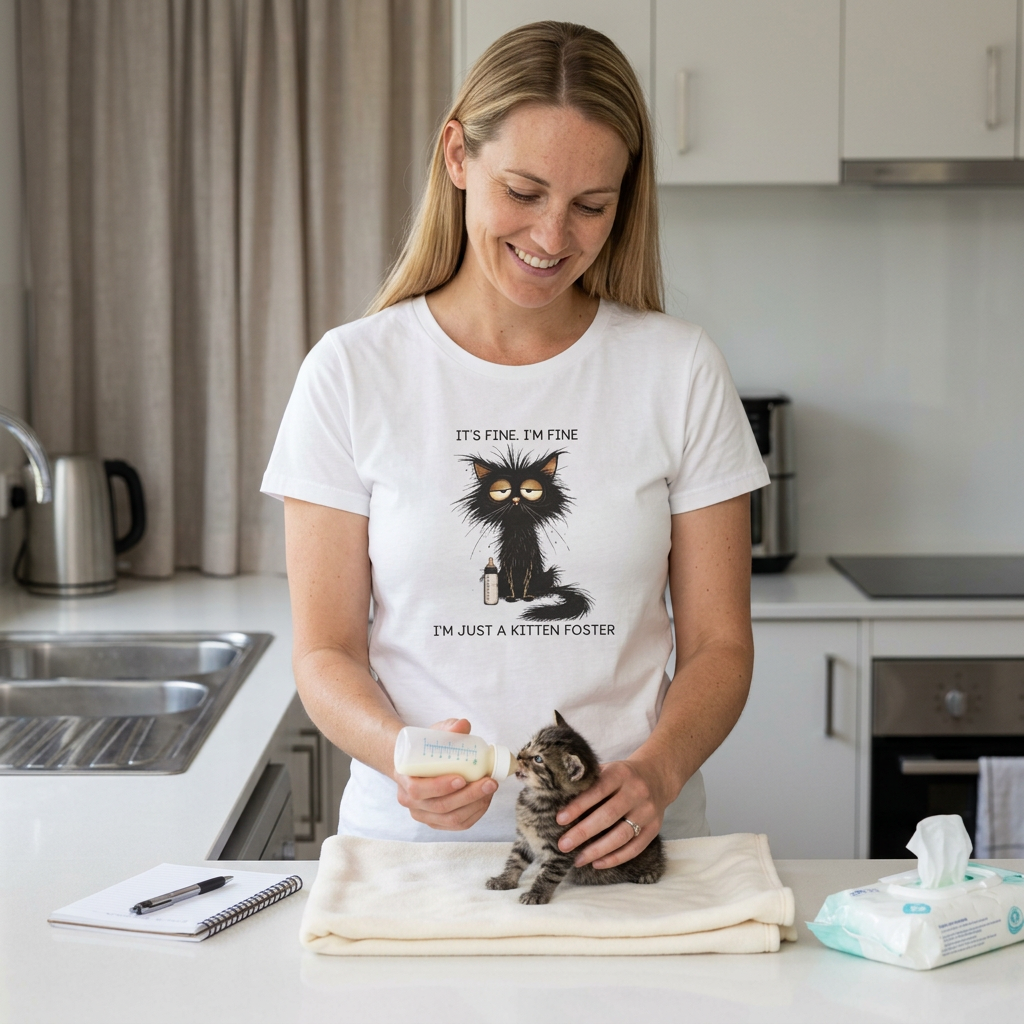A woman in a white graphic t-shirt is shown in a kitchen setting, holding a kitten on a cream blanket while offering it a bottle. The t-shirt features a black cat illustration with the text 'IT'S FINE, I'M FINE' and 'I'M JUST A KITTEN FOSTER'.