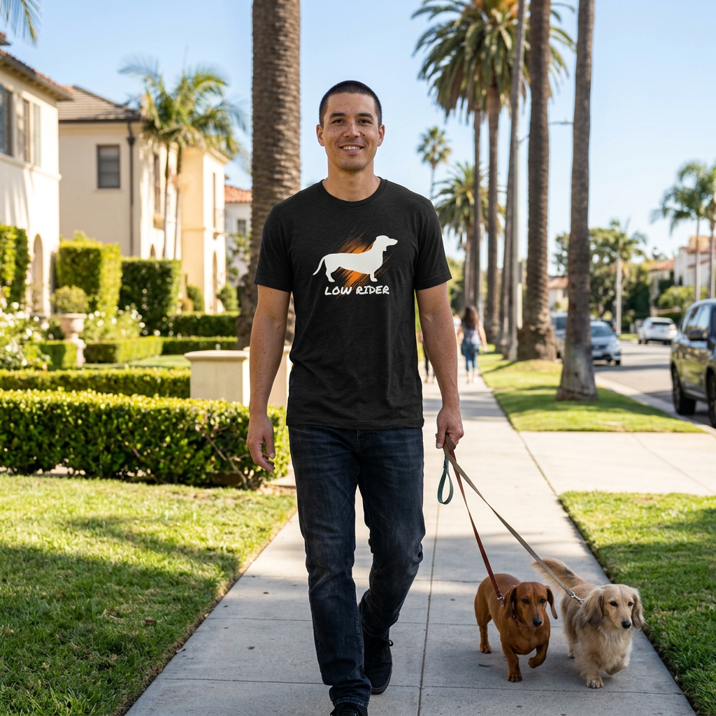 A man walking two dachshunds on a sunny suburban sidewalk, wearing a black graphic t-shirt with a dachshund silhouette and the words 'LOW RIDER'.