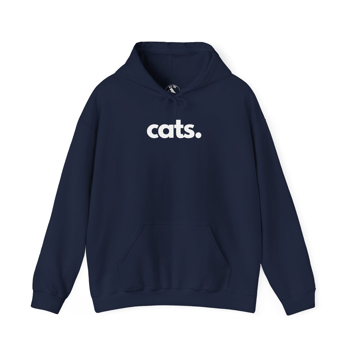 Navy blue hoodie with 'cats.' text on a white background