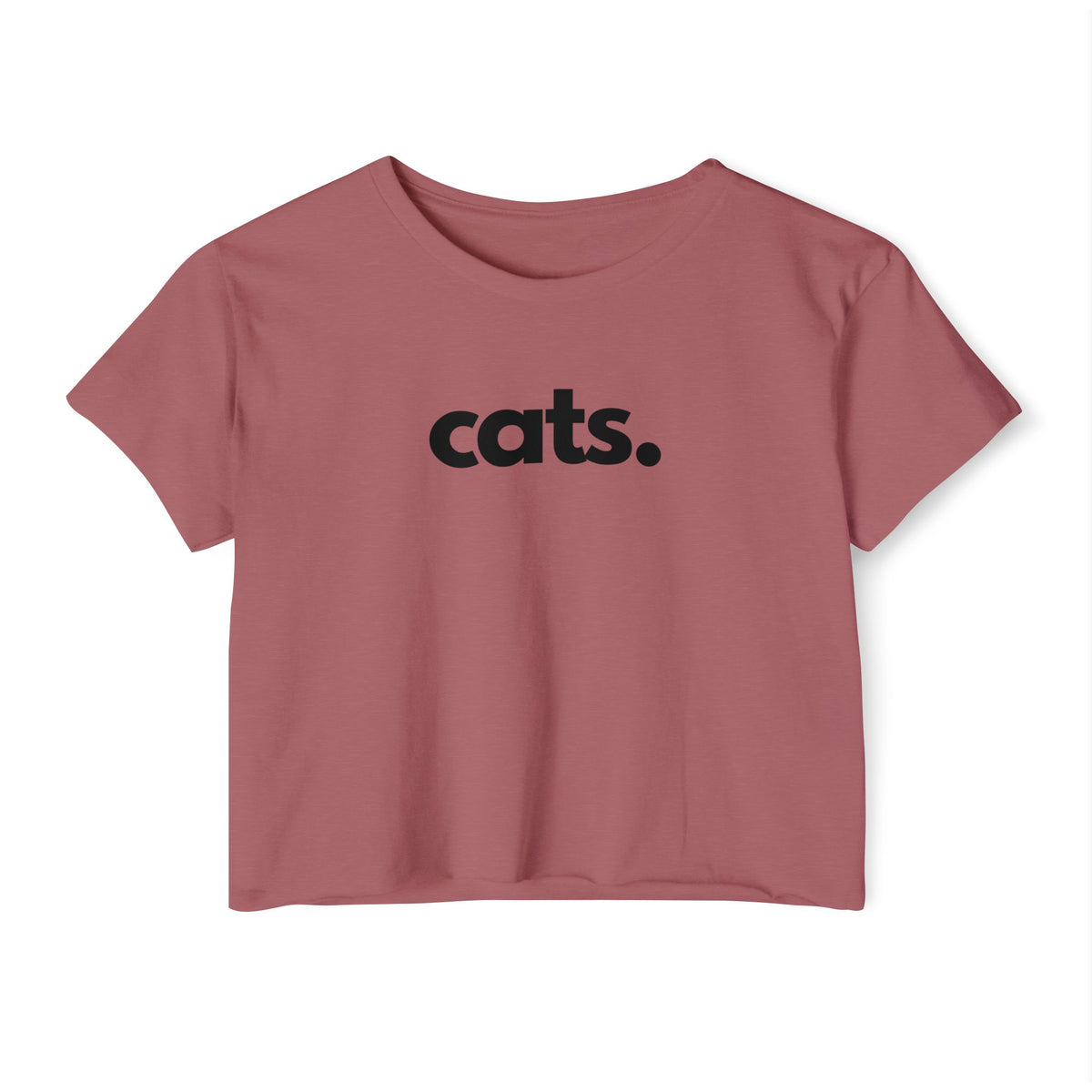 A dusty rose short-sleeve crop top t-shirt with the word 'cats.' printed in black lowercase letters with a period on the chest, displayed on a clean white background.