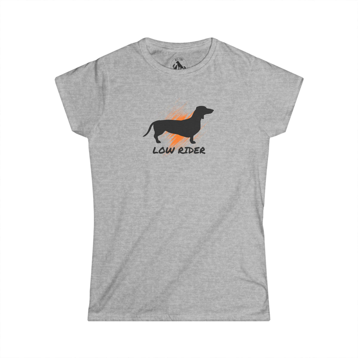 Sport Grey women's t-shirt with a black dachshund silhouette, orange sunburst, and "Low Rider" graphic.
