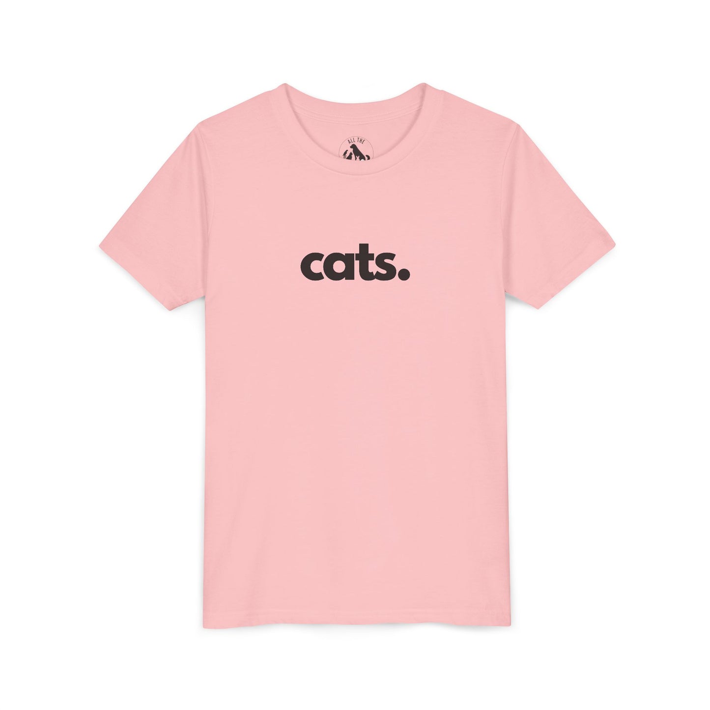 A light pink short-sleeve crewneck t-shirt with the word 'cats.' printed in black lowercase letters with a small black cat silhouette on the chest, displayed on a clean white background.
