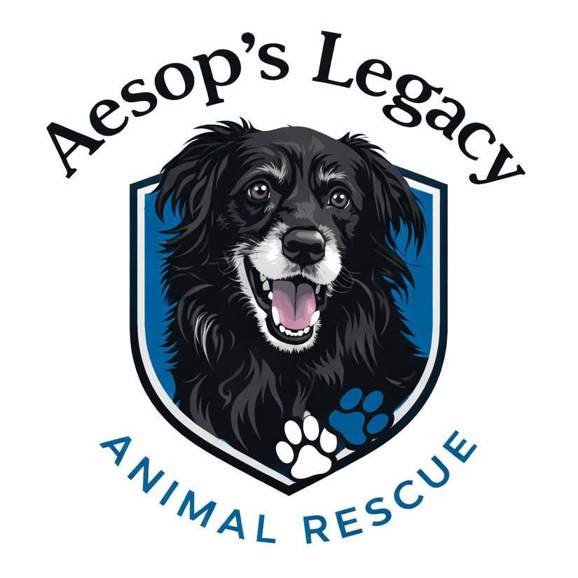 Logo of Aesop's Legacy Animal Rescue featuring a black dog on a blue shield with paw prints.