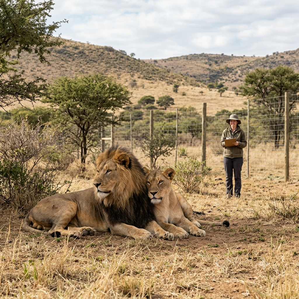 A lion male and lioness resting in a dry grassy sanctuary enclosure, with a rescue volunteer standing behind them holding a clipboard in the background.