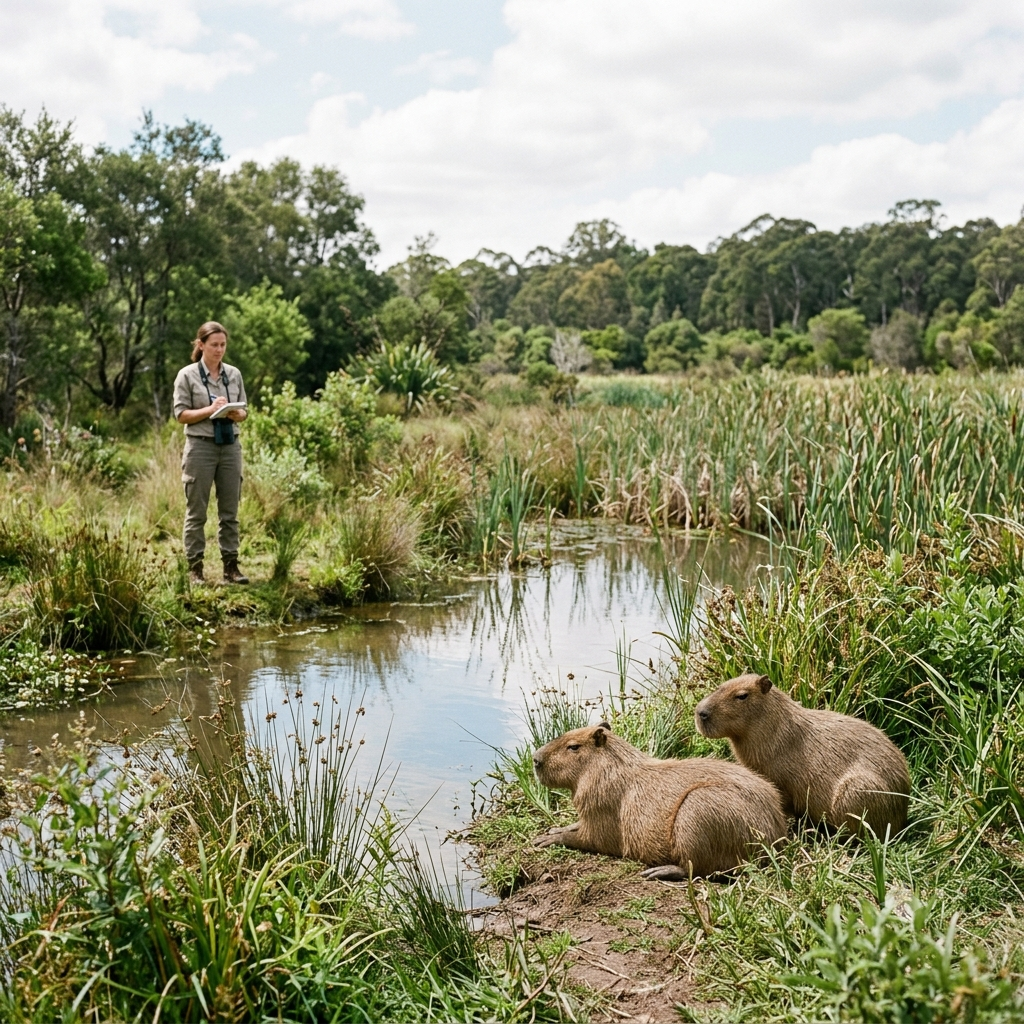 A rescue volunteer in outdoor clothing stands beside a small stream in a shallow sanctuary pond, with two capybara resting on the bank in the foreground.