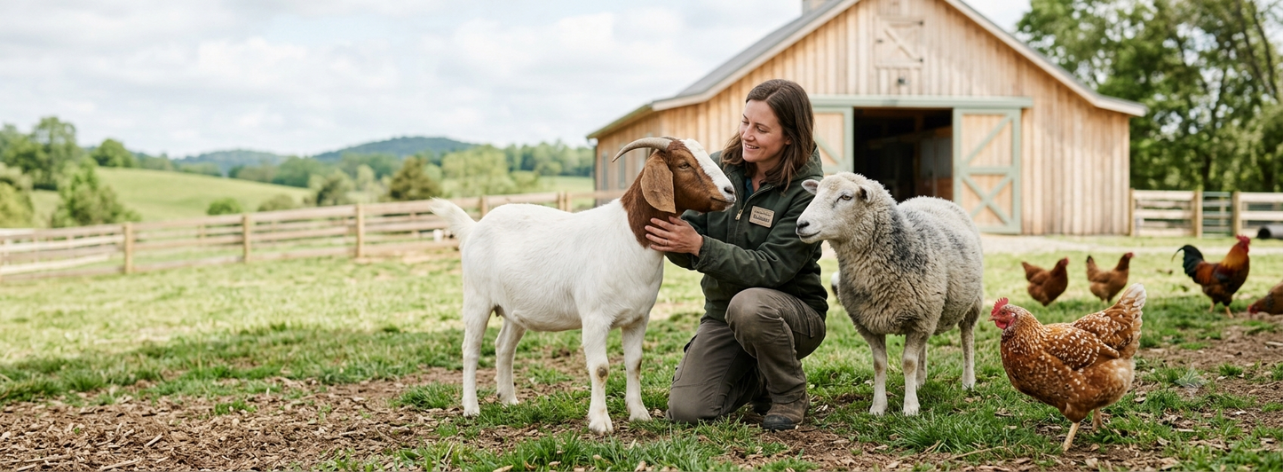 A rescue volunteer kneels in a sanctuary holding a white goat and standing next to a sheep, with chickens and a wooden barn in the background.