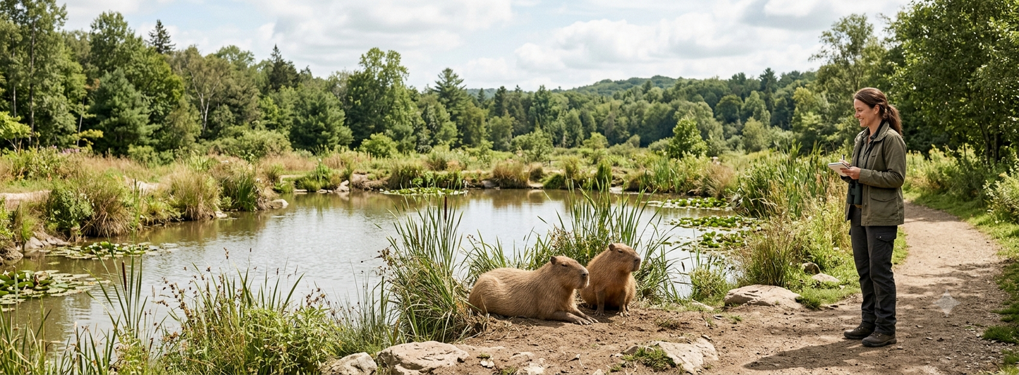 A rescue volunteer stands on a dirt path beside a shallow sanctuary pond, holding a notepad, while two capybara sit near the water in the foreground.