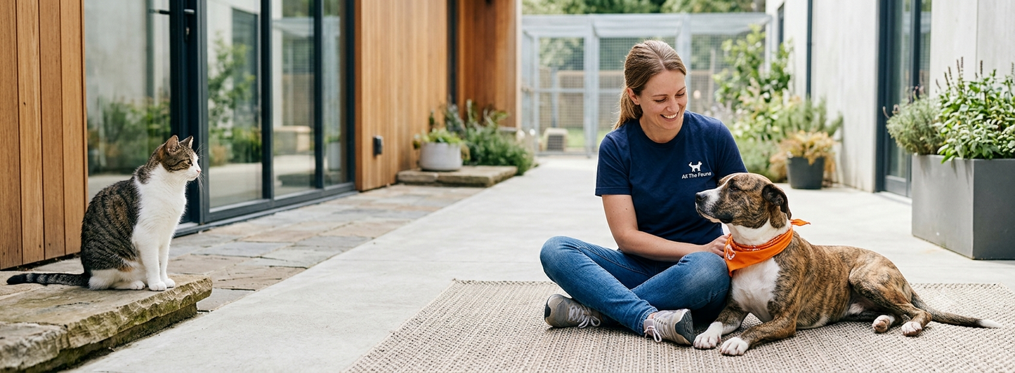 A rescue volunteer sits cross-legged on a woven rug in a a bright shelter courtyard, smiling at a brown and white dog wearing an orange bandana. A tabby and white cat sits on a wooden ledge to the left.