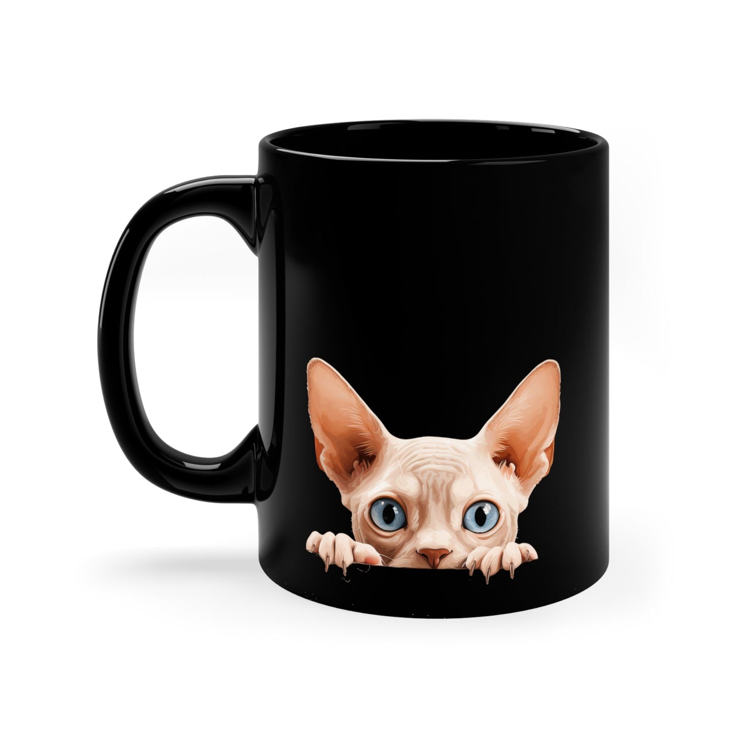 Peeking Cat Black Ceramic Mug 11 oz - Sphynx