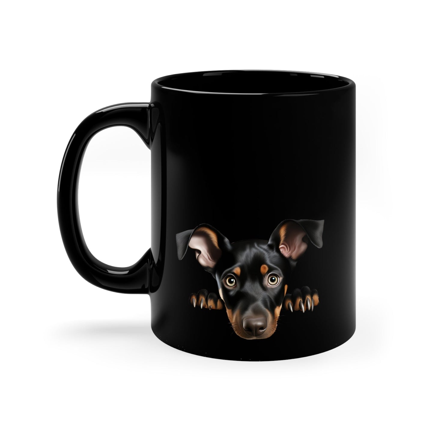 Peeking Dog Black Ceramic Mug 11 oz - Doberman Pinscher