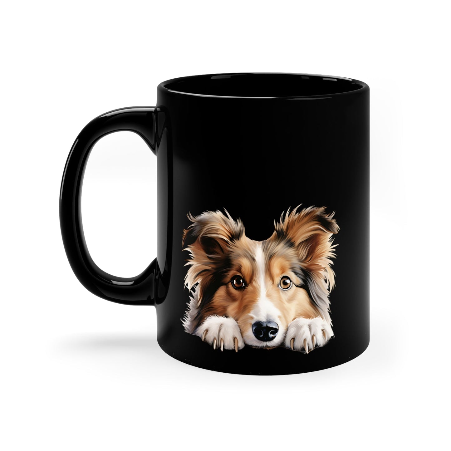 Peeking Dog Black Ceramic Mug 11 oz - Shetland Sheepdog