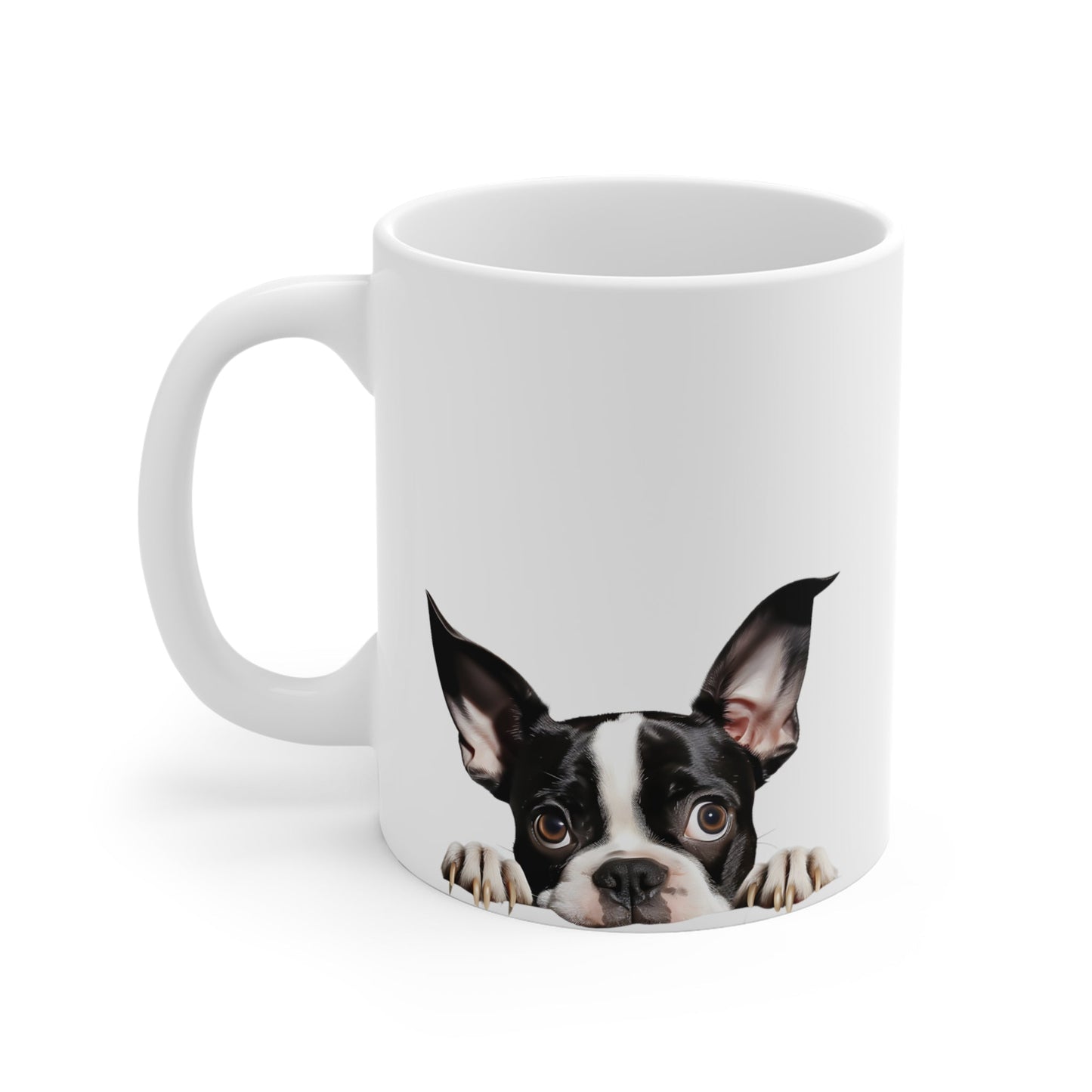 Peeking Dog White Ceramic Mug 11oz - Boston Terrier