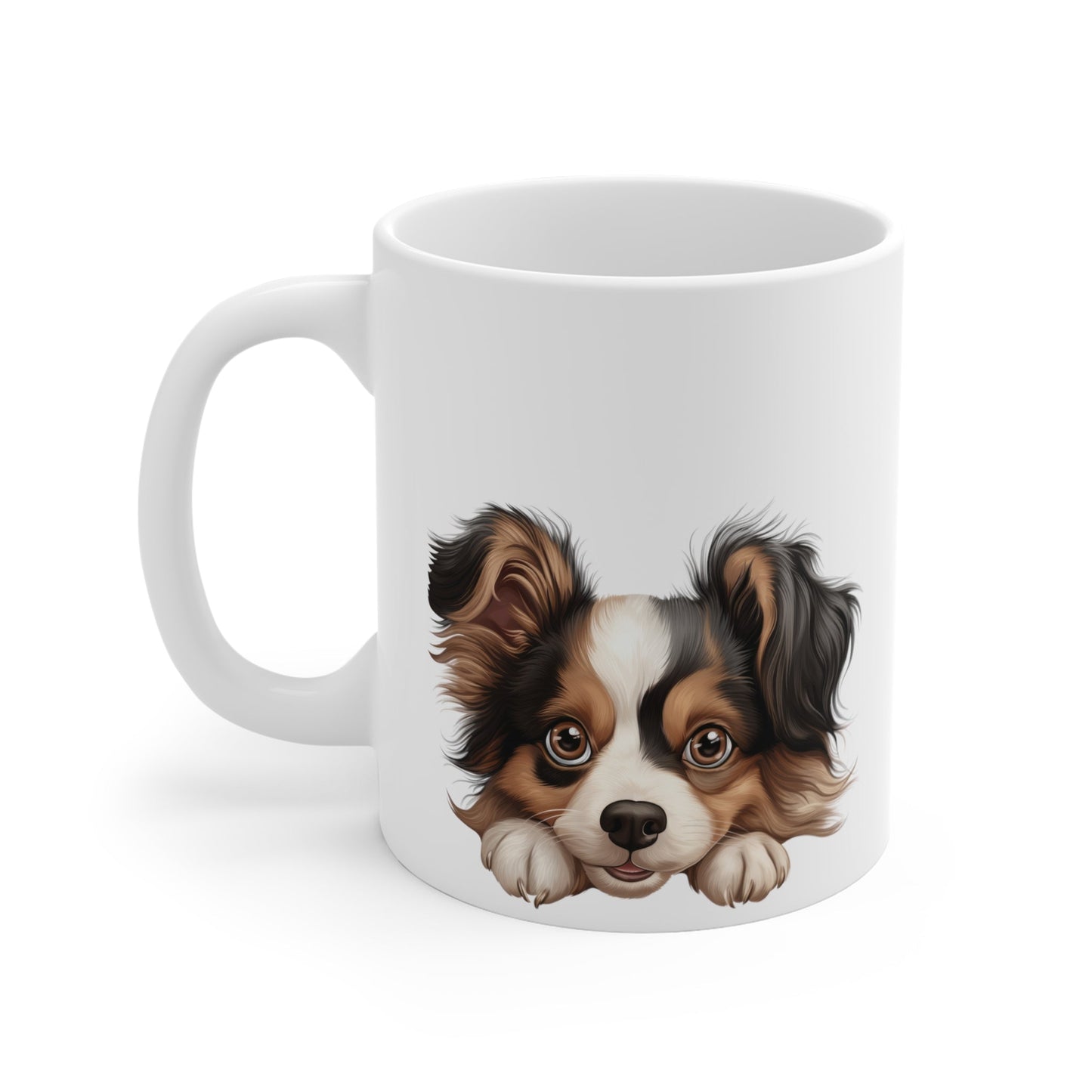 Peeking Dog White Ceramic Mug 11oz - Papillon