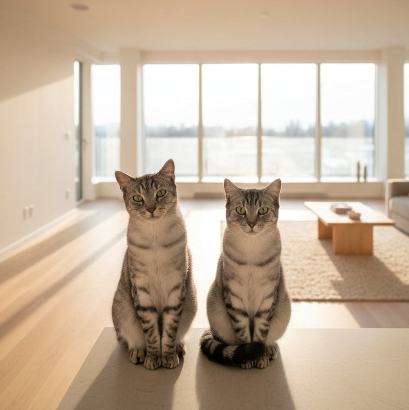 Two gray tabby cats sitting side by side on a light-colored floor in a bright, modern room with large windows overlooking water.