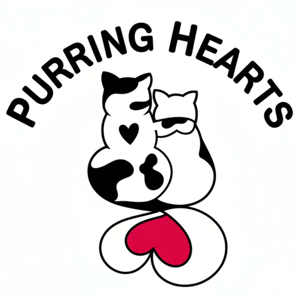 A circular logo or label featuring the words 'PURRING HEARTS' in black above a stylized black-and-white cat face with a red heart on its front paw, on a white background.