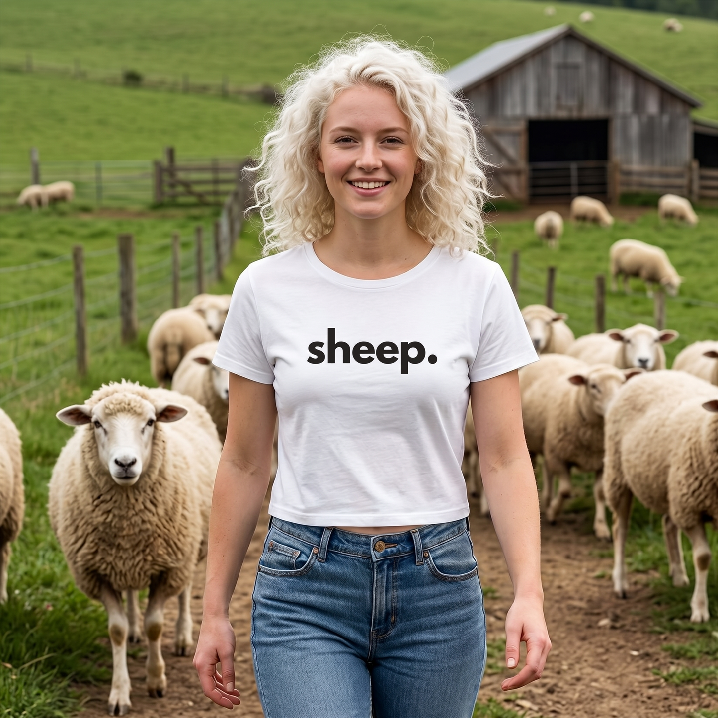 SHEEP, PERIOD Women's Crop Tee — t-shirts that gives back to farm animal rescues