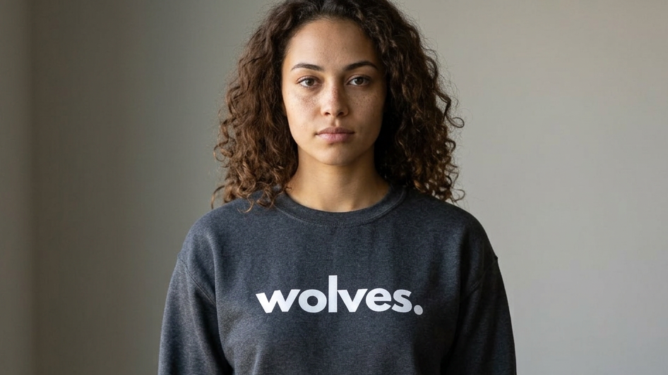 Person wearing a dark gray sweatshirt with 'wolves.' text on a plain background