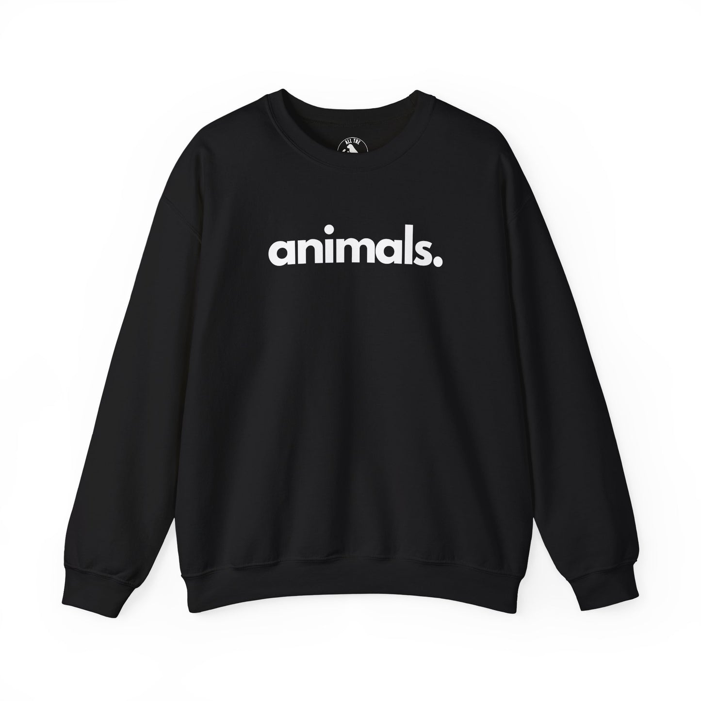 Animals, Period unisex crewneck sweatshirt in black - cause apparel for animal advocates by All The Fauna. Warm 50/50 cotton-poly brushed fleece, relaxed fit. Every species on this planet deserves an advocate. Every purchase funds no-kill rescues and shelters directly. Shop animal rescue apparel that gives back.