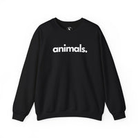 Animals, Period unisex crewneck sweatshirt in black - cause apparel for animal advocates by All The Fauna. Warm 50/50 cotton-poly brushed fleece, relaxed fit. Every species on this planet deserves an advocate. Every purchase funds no-kill rescues and shelters directly. Shop animal rescue apparel that gives back.
