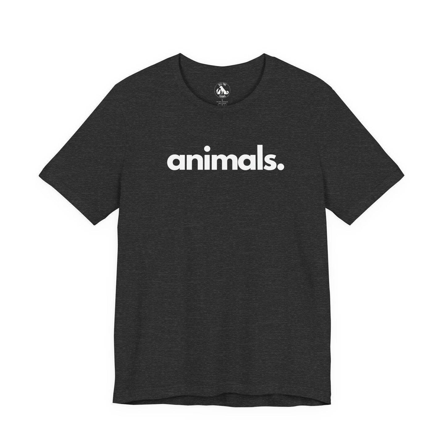 Animals, Period unisex tee in deep heather grey - cause apparel for animal advocates by All The Fauna. Soft 100% Airlume combed ring-spun cotton, 4.2 oz, classic crew neck. Every species on this planet deserves an advocate. Every purchase funds no-kill rescues and shelters. Shop animal rescue apparel that gives back.