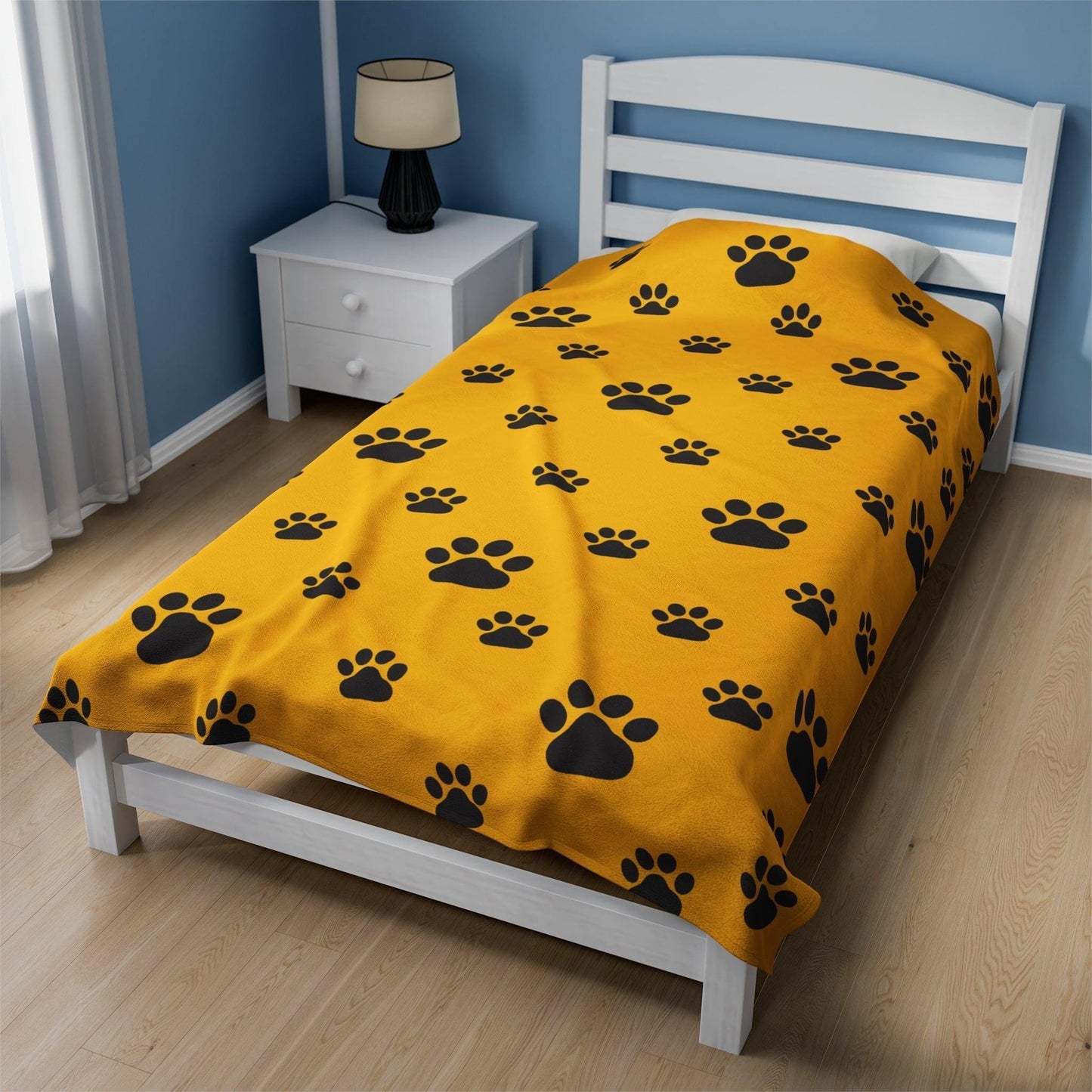 Printify Bedding 60" × 80" Paw Print Velveteen Plush Blanket - Yellow