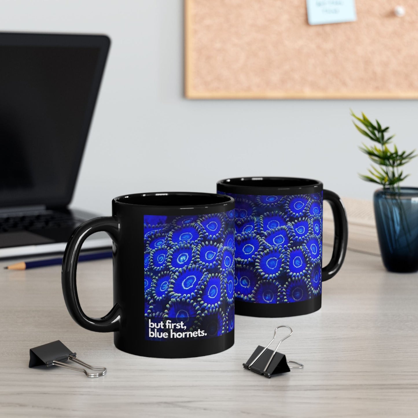 Blue Hornet Zoas Black Ceramic Mug 11 oz - All The Fauna - Support Animal Shelter Fundraising - Gifts for Animal Lovers