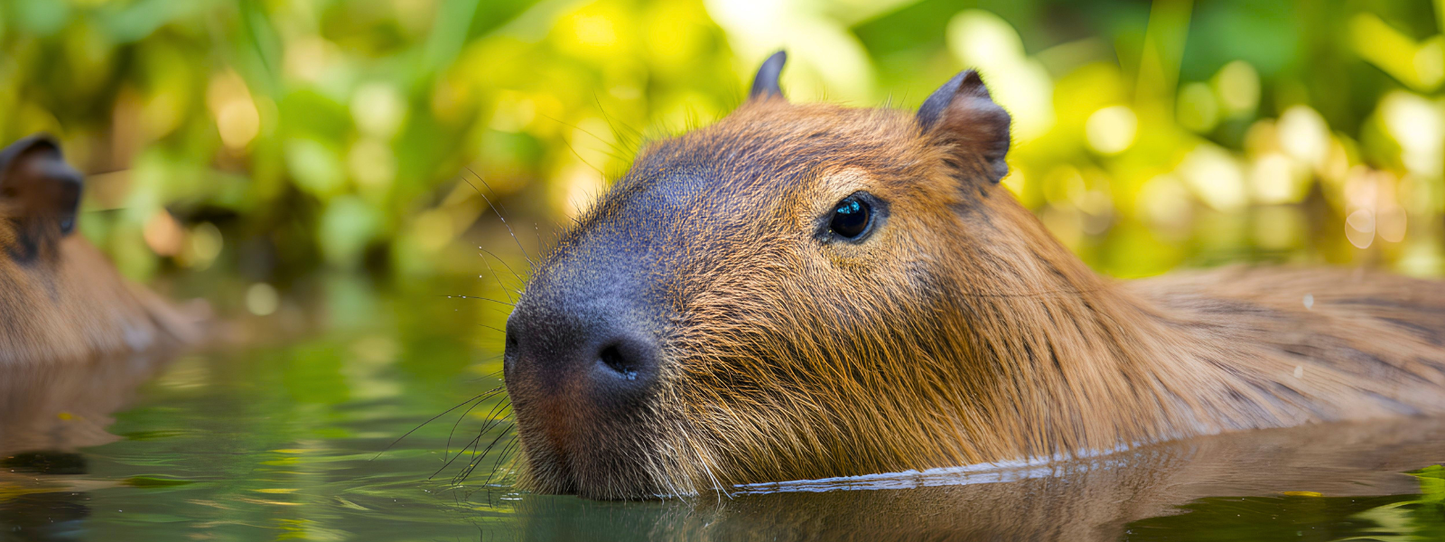 Capybara wading in a still pond with its wet head just above the water surface, surrounded by lush green tropical vegetation — Capybaras, Period collection by Animals, Period. Capybaras are the world's largest rodents and are known for coexisting peacefully with virtually every other animal — including natural predators. Shop capybara apparel.