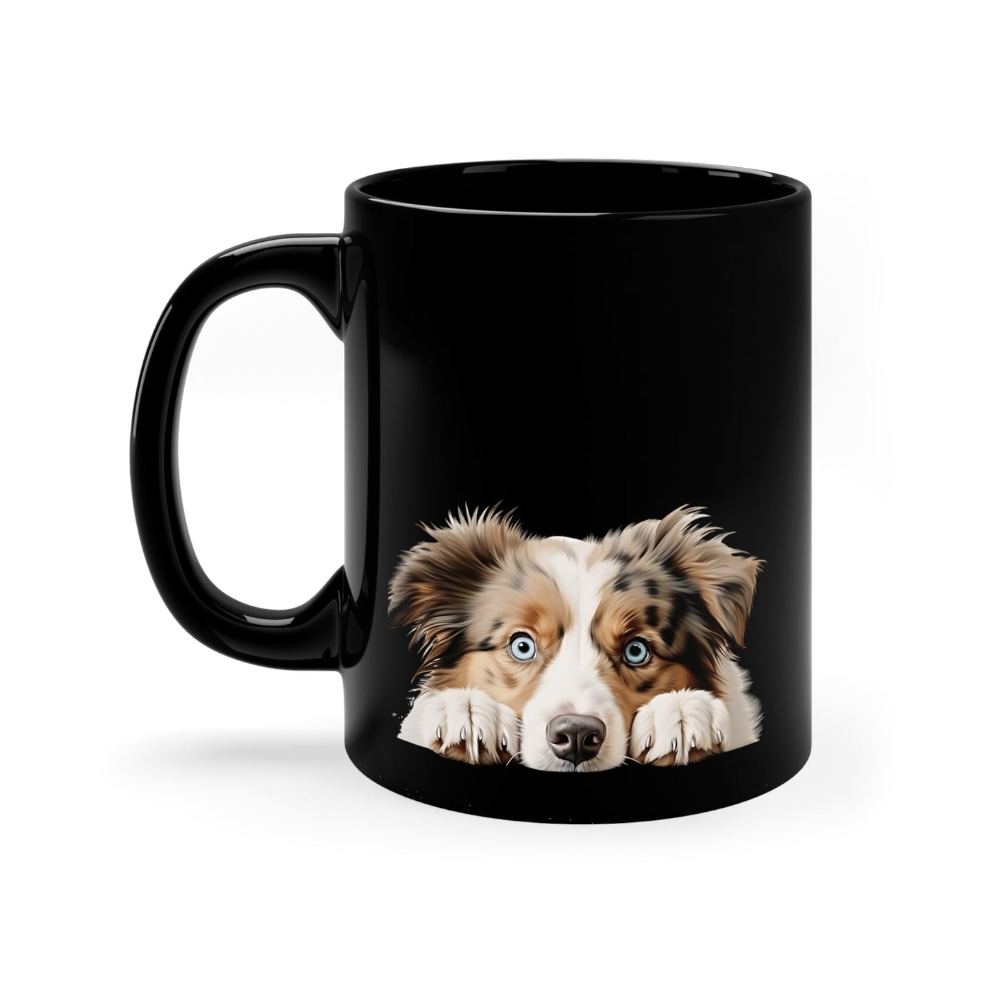Front view of Peeking Australian Shepherd dog mug — black ceramic 11 oz coffee cup, perfect gift for dog mom, dog dad, or animal lovers.