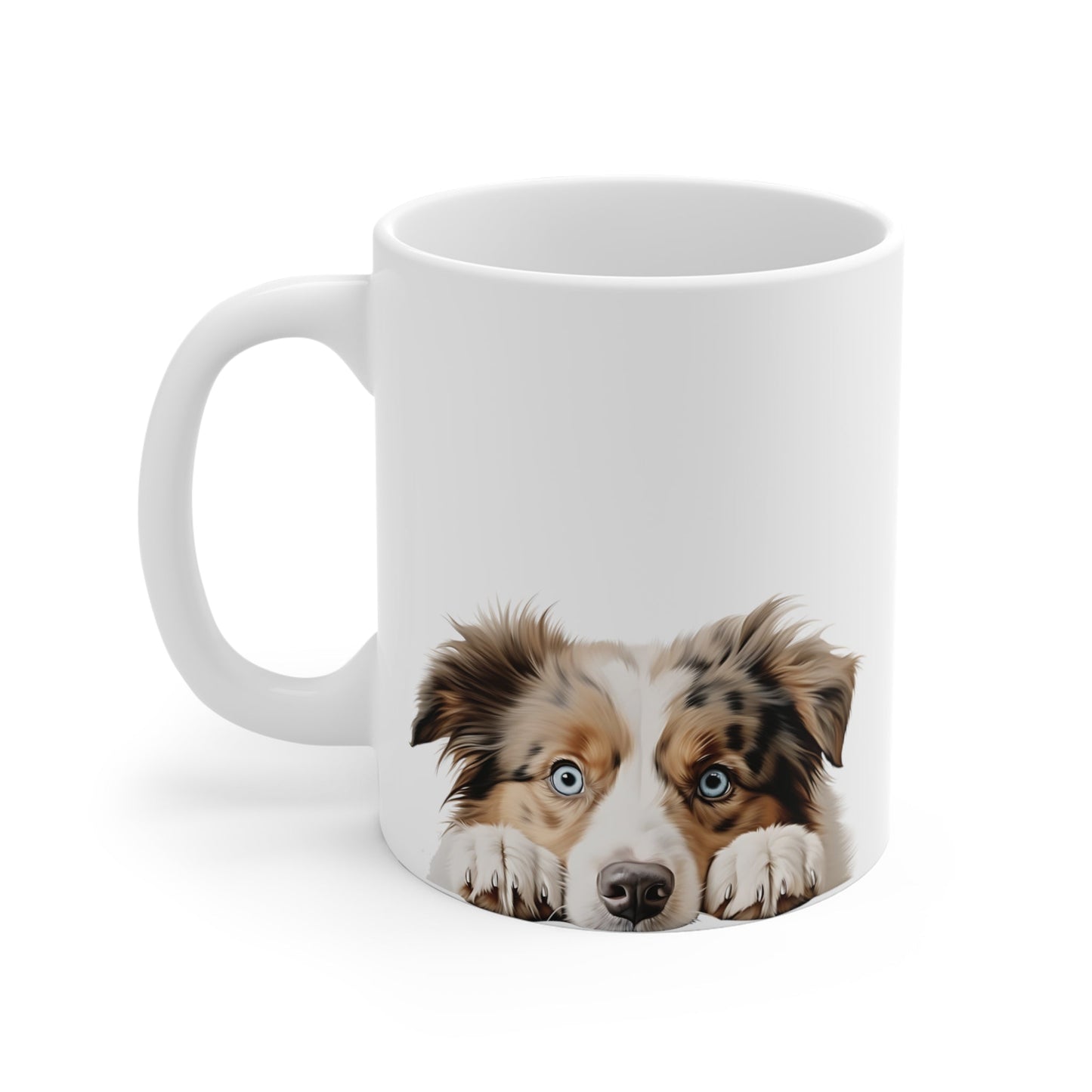 Front view of Peeking Australian Shepherd dog mug — black ceramic 11 oz coffee cup, perfect gift for dog mom, dog dad, or animal lovers.