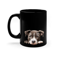 11 oz black ceramic dog mug featuring a peeking American Pitbull puppy — perfect gift for dog mom, dog dad, or animal lovers.